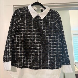 Black and White Plaid Sweater with Collar